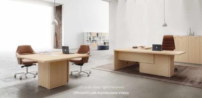 Composizione direzionale Linea 410 con scrivania completa di allungo complanare, piano lato operatore e veletta frontale in conglomerato ligneo spessore 38 mm, tavolo riunioni quadrato 140 x 140 cm e libreria modulare composta da due elementi con ante battenti e top di finitura.