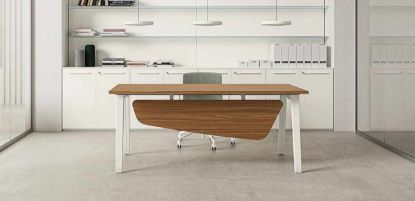Scrivania da 160 x 65 cm con piano in conglomerato ligneo spessore 25 mm rivestito in melaminico in diverse finiture, bordi perimetrali in ABS da 2 mm e modesty panel frontale spessore 18 mm per completare la postazione operativa.