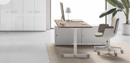 Scrivania da 160 x 160 cm con mobile di servizio portante, piano in conglomerato ligneo rivestito in melaminico bianco, noce Maroncelli o rovere chiaro, gamba terminale a “T” rovesciata in tubolare d’acciaio Ø 70 mm, gambe disponibili in diverse finiture colore e mobile contenitore con ante scorrevoli monofacciali.