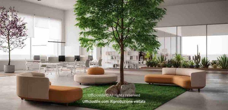 Composizione per area lounge con divanetti e pouf modulari personalizzabili, poltrone singole, divani a due posti e soluzioni angolari a 60° o 90°, abbinati ad alberi stabilizzati XXL naturali fino a 300 cm di altezza e 280 cm di diametro chioma, senza necessità di irrigazione, luce artificiale o potatura, ideale per uffici open space, reception, hotel, showroom, coworking e spazi di attesa.