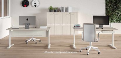 Composizione operativa con due scrivanie da 160 x 80 cm ciascuna, struttura metallica a T rovesciata in finitura bianco, antracite o alluminio goffrato, modesty panel metallico, cassettino sottopiano con serratura e armadio modulare medio da 180 x 45 x 127 cm con quattro ante battenti con serratura e top di finitura incluso.