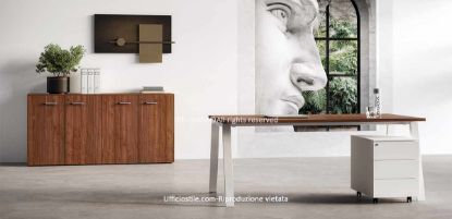 Composizione ufficio operativo Ufficiostile® con scrivania da 160 x 80 x 73 cm con piano in melaminico spessore 25 mm e struttura metallica a cavalletto in acciaio tubolare, armadio basso modulare da 180 x 45 x 85 cm con quattro ante, serratura a chiave pieghevole e due ripiani interni, e cassettiera metallica su ruote da 42 x 53 x 55 cm con tre cassetti e serratura centralizzata.