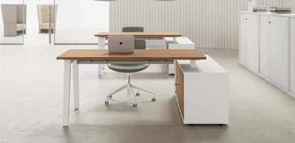 Scrivania operativa da 170 x 160 cm con piani in conglomerato ligneo spessore 25 mm rivestiti in melaminico, gambe metalliche a cavalletto disponibili in diverse finiture e contenitore portante in melaminico con ante scorrevoli, binari interni in alluminio, serratura a pulsante e piedini livellatori in ABS nero.