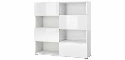 Libreria per ufficio Ufficiostile larga 180 cm con 4 ante scorrevoli in vetro retrolaccato bianco, scocca in melaminico bianco spessore 30 mm e binari in alluminio anodizzato, codice prodotto ITDV50010.