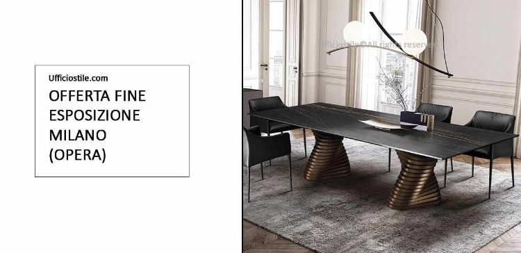 Tavolo riunioni design con piano in ceramica finitura Portoro opaco e basamento in metallo con due piloni a spirale colore oro, ideale per sale riunioni direzionali e ambienti professionali di rappresentanza.