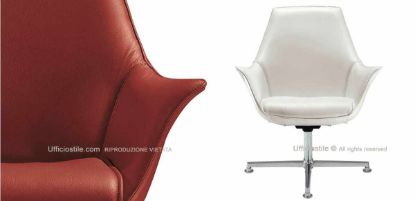 Poltrona Kim per attesa visitatori con base a 4 razze in alluminio lucido, rivestimento in ecopelle ignifuga, elevazione a gas e dimensioni adatte ad aree reception, sale riunioni e spazi attesa professionali.