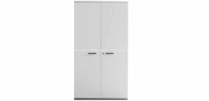 Contenitore alto per ufficio con 2 ante, realizzato in conglomerato ligneo con rivestimento melaminico, struttura in folding con fondo interno, bordi in ABS e finiture disponibili in bianco, alluminio, antracite, rovere, noce Maroncelli, terra d’ombra o nero opaco.