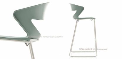 Sgabello fisso Made in Italy con monoscocca in polipropilene stampato a iniezione anti-UV, spessore 7 mm, e struttura a slitta in acciaio verniciato disponibile in finitura alluminio o bianco.
