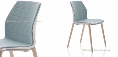 Sedia fissa Malea per ufficio, sale riunioni e spazi contract, con scocca in polipropilene disponibile in diversi colori, sedile e schienale rivestiti in tessuto Trevira CS con cuciture lineari e gambe in legno di acero verniciato.
