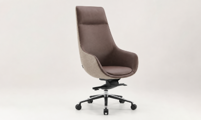 Seduta direzionale bicolore con monoscocca a schienale alto in poliuretano schiumato a freddo ignifugo, rivestimento seduta tecnico con Micropel®, scocca in Trevira CS®, base a 5 razze in alluminio lucido e ruote frenate.