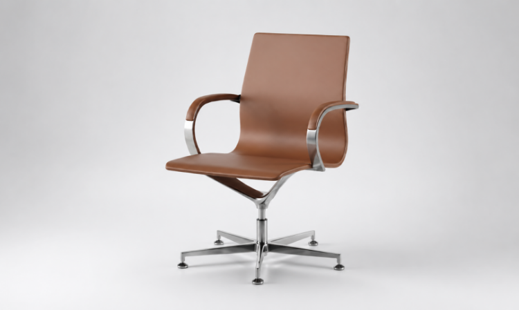Poltrona visitatore girevole con schienale basso interamente rivestito, ritorno automatico, base a 5 razze in alluminio lucido su piedini e rivestimento tecnico in PVC, poliestere, cotone e poliuretano.
