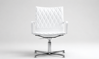 Poltroncina fissa Crun per riunioni e visitatori con schienale medio, struttura verniciata bianco, base fissa a 4 razze in alluminio lucido con piedini, rivestimento in ecopelle ignifuga ed elevazione a gas per sale riunioni, uffici direzionali e aree visitatori.