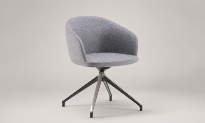 Seduta per sale riunioni con monoscocca a schienale basso in poliuretano schiumato a freddo ignifugo, base a 4 razze in alluminio lucido, piastra fissa, seduta girevole 360° e rivestimento Trevira CS® Classe 1IM.