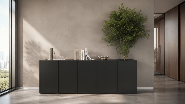 Mobile basso per ufficio composto da 2 moduli contenitori con 4 ante e una fioriera integrata, con finitura Fenix, progettato per ambienti direzionali, reception, open space e aree comuni professionali.