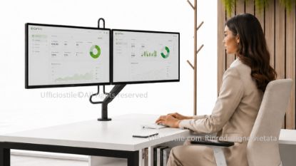 Chicago braccio monitor doppio Crossbar Top Mount per configurazioni a due schermi, con barra trasversale per allineamento stabile, molla a gas per regolazione ergonomica, attacco VESA, fissaggio per scrivanie da 10 a 50 mm e portata massima di 12 kg per monitor fino a 27”.