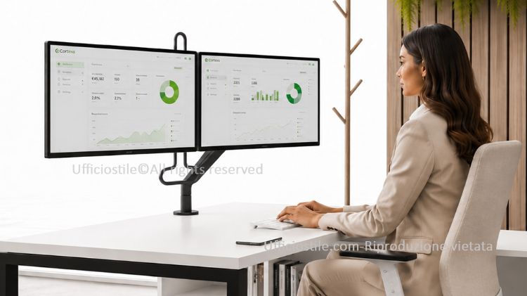 Chicago braccio monitor doppio Crossbar Top Mount per configurazioni a due schermi, con barra trasversale per allineamento stabile, molla a gas per regolazione ergonomica, attacco VESA, fissaggio per scrivanie da 10 a 50 mm e portata massima di 12 kg per monitor fino a 27”.