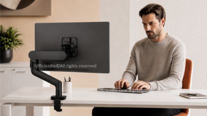 Rising™ braccio monitor singolo ergonomico con sistema a molla a gas, attacco VESA, installazione Top Mount, finitura base nera e portata massima di 12,7 kg per monitor fino a 49”.