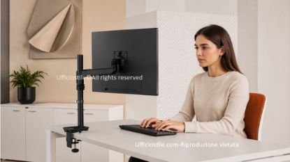 RisingEX™ 1F braccio monitor singolo con struttura a braccio fisso, attacco VESA, installazione Top Mount, finitura base nera, finiture opzionali coordinate e portata massima di 12,7 kg per monitor fino a 49”.