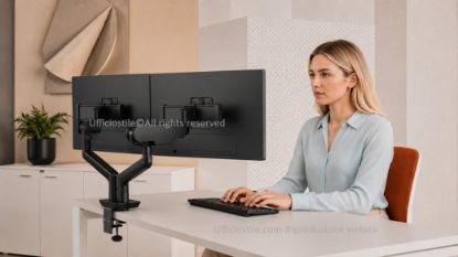 Rising™ braccio monitor doppio ergonomico con regolazione tramite molla a gas, attacco VESA, fissaggio Top Mount, finitura base nera e portata massima di 12,7 kg per monitor fino a 34”.