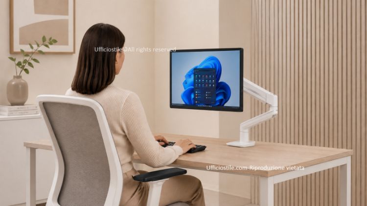 Tallo™ braccio monitor singolo ergonomico con tecnologia a molla a gas, attacco VESA, fissaggio Top Mount dall’alto, finitura base nera, finitura opzionale bianca e portata massima di 9 kg.