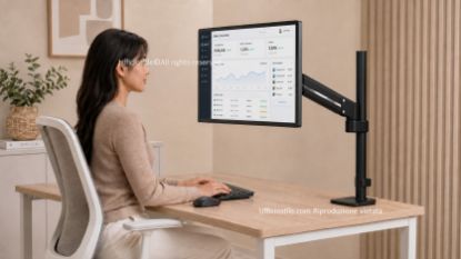 Tallo Modular™ 1M braccio monitor singolo ergonomico con regolazione tramite molla a gas, sistema modulare, fissaggio a morsetto o foro passante, attacco VESA, finitura base nera e portata massima di 9 kg per monitor fino a 40”.