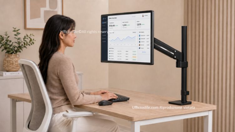 Tallo Modular™ 1M braccio monitor singolo ergonomico con regolazione tramite molla a gas, sistema modulare, fissaggio a morsetto o foro passante, attacco VESA, finitura base nera e portata massima di 9 kg per monitor fino a 40”.