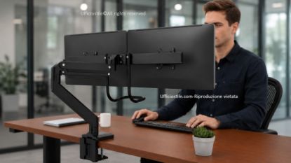 Eppa™ Crossbar braccio monitor doppio per configurazioni compatte a due schermi, con barra trasversale per allineamento stabile, regolazione tramite molla a gas, attacco VESA, finitura base nera e portata complessiva fino a 16 kg per monitor fino a 32”.