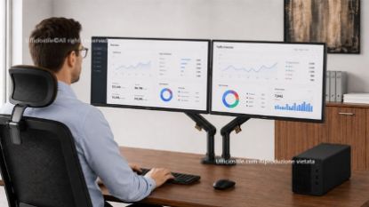 SmartView braccio monitor doppio per postazioni con due schermi, con struttura robusta, molla meccanica per movimenti dinamici e stabili, attacco VESA, finitura base nera, finitura opzionale bianca e portata massima di 2 × 9 kg per monitor fino a 32”.