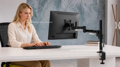 Skylon braccio monitor singolo statico dal design pulito e minimale, con struttura robusta, fissaggio a morsetto per scrivanie da 15 a 50 mm, attacco VESA, finitura base nera, finiture opzionali bianca e argento e portata massima di 8 kg per monitor fino a 40”.