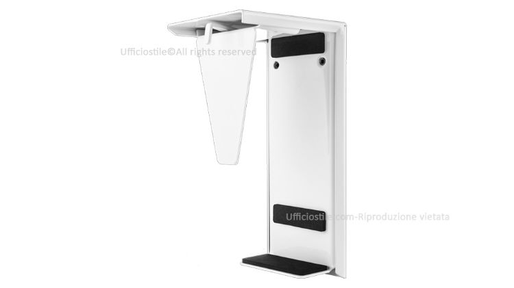 Supporto per CPU Thin Line dal design sottile per postazioni operative professionali, regolabile in larghezza da 20 a 95 mm e in altezza da 166 a 310 mm, con fissaggio al piano di lavoro, portata massima di 15 kg e finiture disponibili bianco, nero e argento.