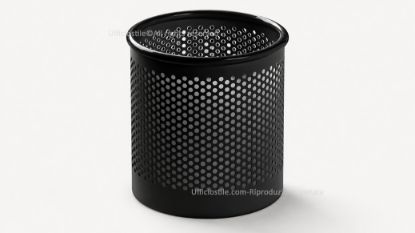 Cestino gettacarte da ufficio con design elegante e professionale, realizzato da un’unica lastra di acciaio senza saldature, imbutita e traforata con motivo radiale, capacità 15 litri, altezza 30,5 cm e finitura nera.