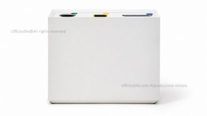 Contenitore per raccolta differenziata da 120 litri con anta a ribalta superiore, struttura in ferro verniciato a polvere, design minimale e compatto, componenti disassemblabili per il riciclo e certificazione di resistenza al fuoco UNE-EN 13501-1.