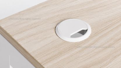 Tappo passacavi circolare da incasso in plastica per scrivanie e tavoli da ufficio, adatto a foro Ø 8 cm, progettato per convogliare ordinatamente cavi elettrici e dati attraverso il piano di lavoro, con finiture disponibili bianco RAL 9010, alluminio e nero RAL 9005.