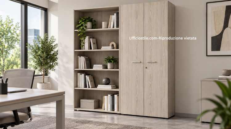 Picture of Oak office cabinet with doors and open compartments