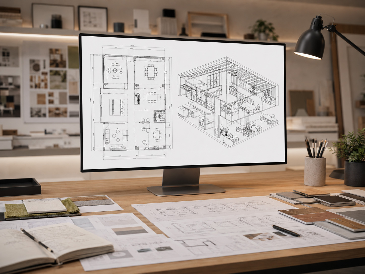 Progettazione ufficio con moodboard, layout e render coordinati