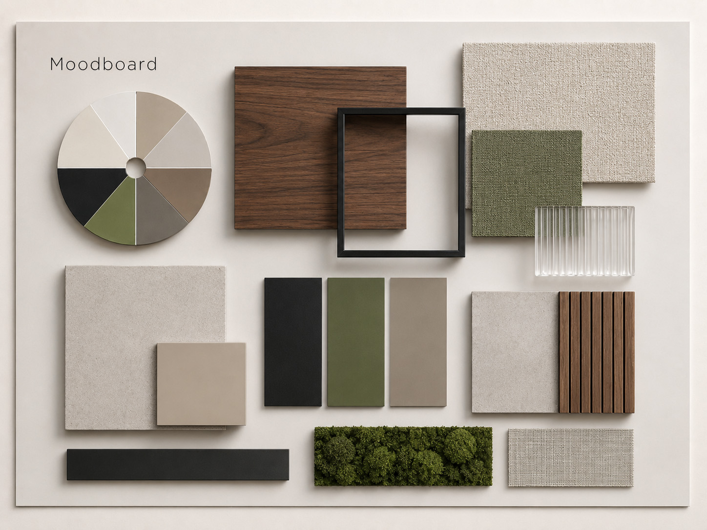 Moodboard per progettazione ufficio con palette colori e materiali naturali