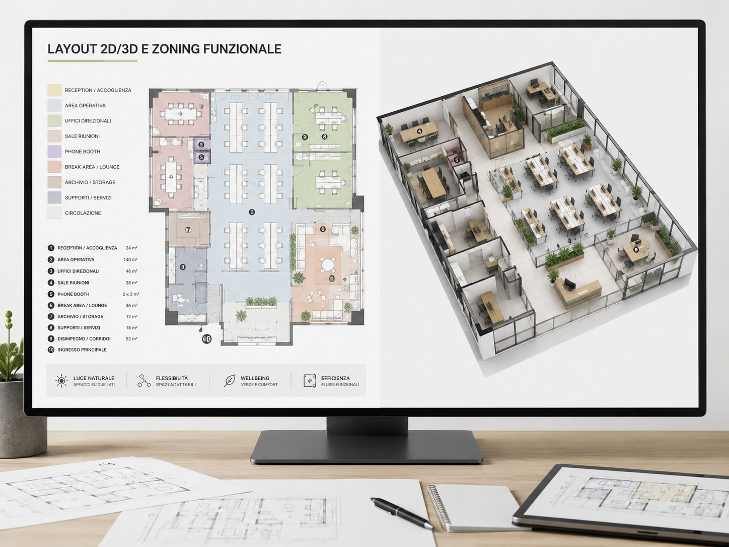 Layout ufficio 2D e 3D con zoning funzionale